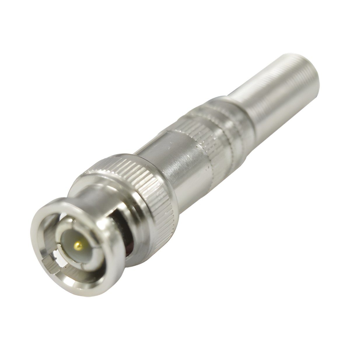 Conector BNC macho de 75 Ohm, con base de resorte para montar a presión cable coaxial RG-59/ Níquel/ Oro/ Teflón.