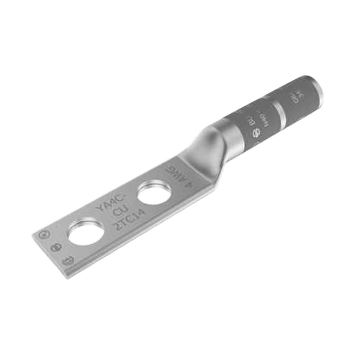 Zapata Terminal de Compresión de Barril Largo con Doble Ojillo para Tornillo 1/4" y Cable 4 AWG / Espaciado de 5/8".