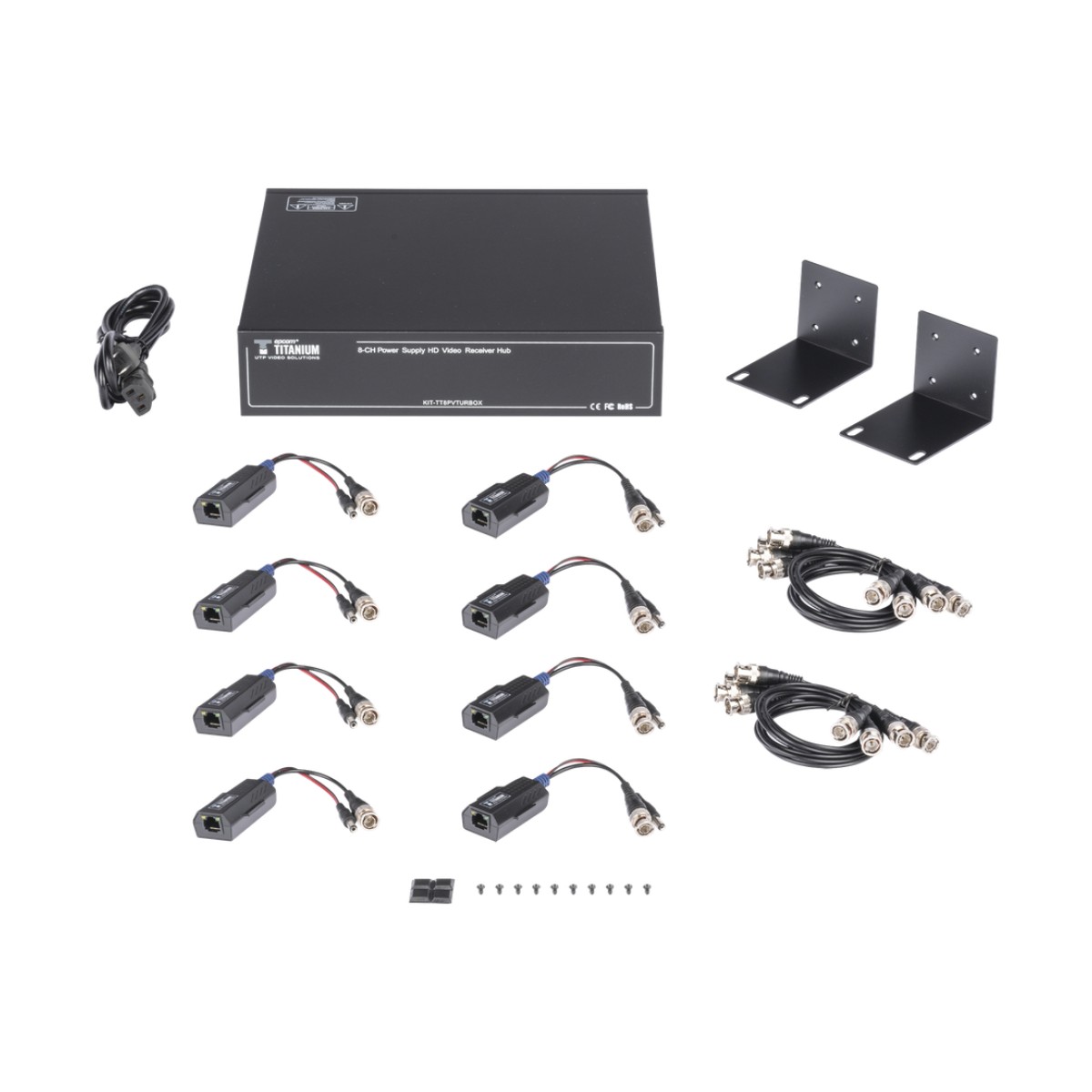 Kit de TRANSCEPTOR ACTIVO DE 8 CANALES / VIDEO+PODER en un solo Cable UTP / 150 metros en 4K, 200 metros en 5 MP/ Envía 36 Vcc y Recibe 12 Vcc / TODO INCLUIDO PARA RACK / Compatible con cámaras HD-TVI/CVI/AHD/CVBS / INSTALACIÓN LIMPIA