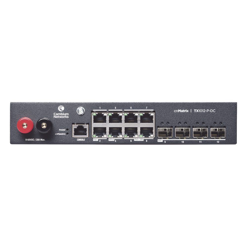 Switch cnMatrix WISP TX1012-DC-P de 8 puertos PoE y 4 SFP+, 170 W PoE Budget, Capa 2, gestión cnMaestro On-Premises, para corriente directa