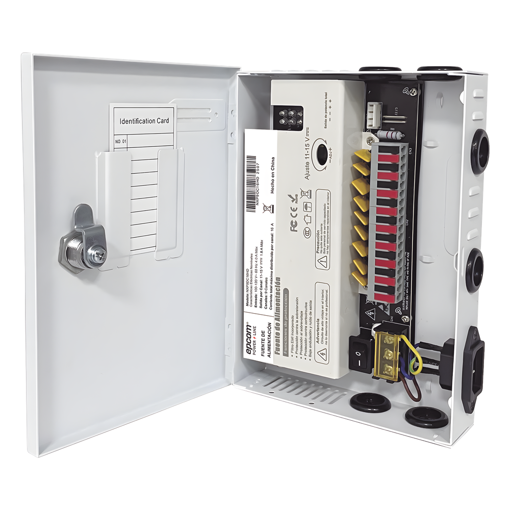 Fuente |  11-15 V |  9 canales | 16 A |  Compatible con cámaras 4K | Alta tecnología en seguridad | Doble ventilador | Hasta 1.8 Amperes por Salida | Filtro de ruido por canal | Diseño de alta gama.