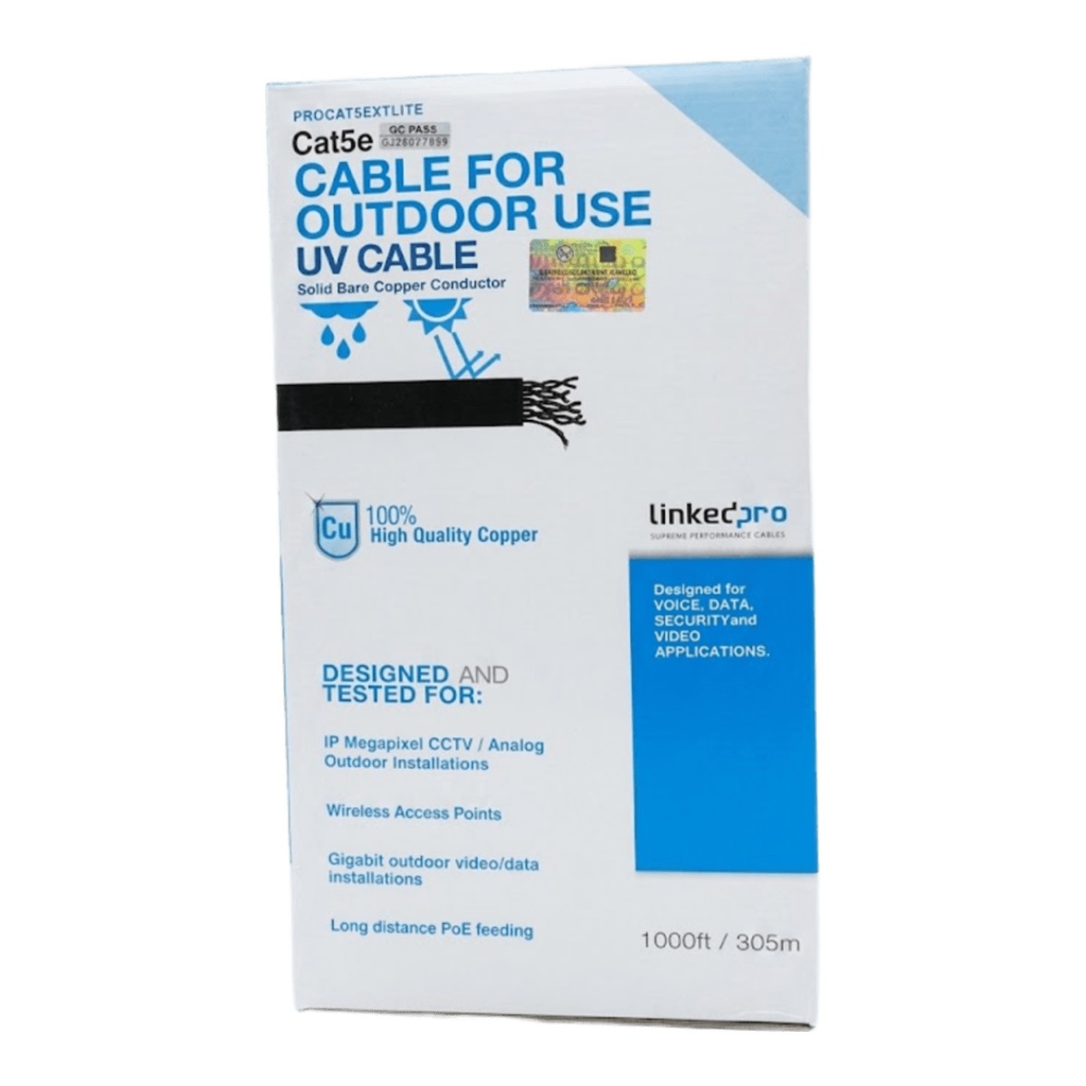 Cable UTP Categoría 5e para Exterior / 24AWG 4 Pares / Conductor Cobre Desnudo / Cubierta LDPE Negra Resistente a Rayos UV / Relleno Anti-Humedad PE Tap Compound / Soporte PoE IEEE 802.3at y Gigabit Ethernet / 1000 ft (304.8 m)