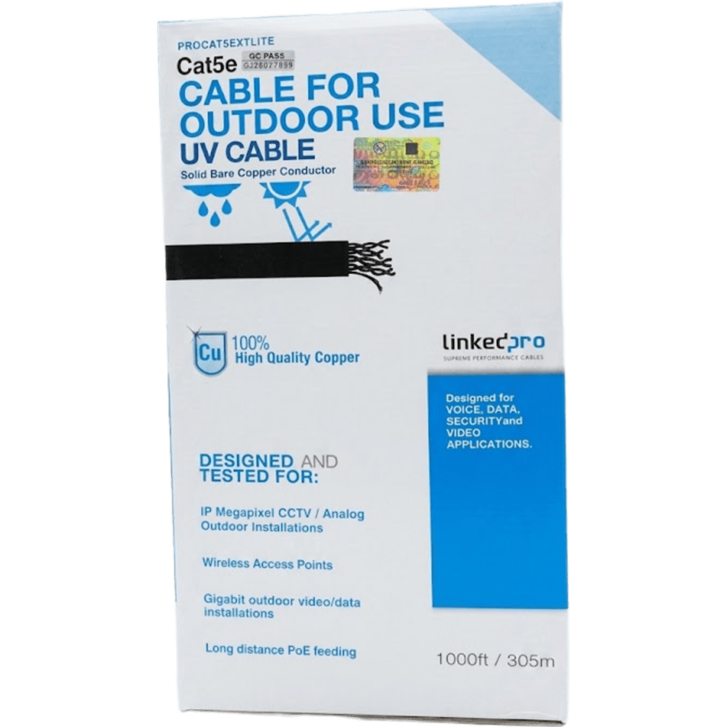 Cable UTP Categoría 5e para Exterior / 24AWG 4 Pares / Conductor Cobre Desnudo / Cubierta LDPE Negra Resistente a Rayos UV / Relleno Anti-Humedad PE Tap Compound / Soporte PoE IEEE 802.3at y Gigabit Ethernet / 1000 ft (304.8 m)