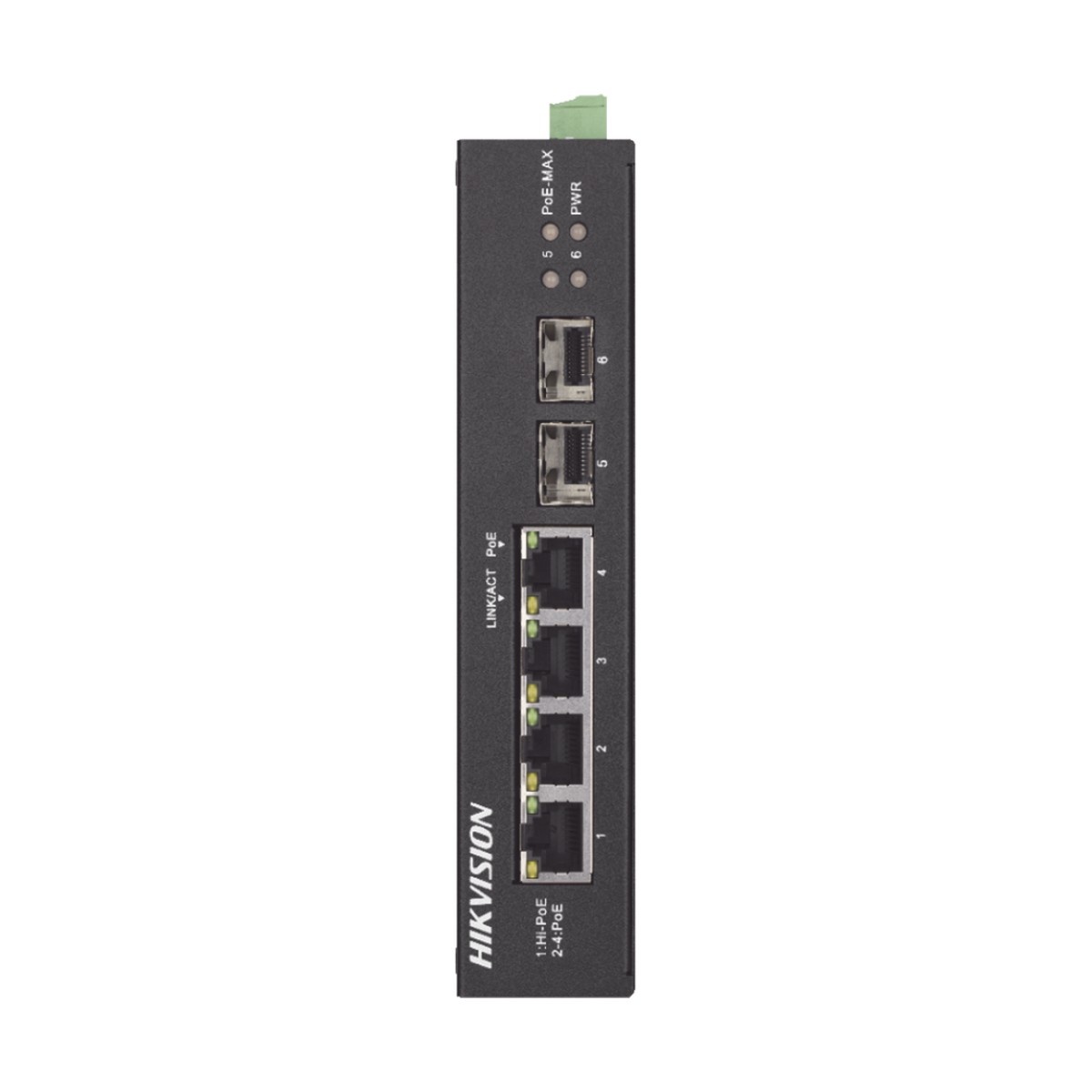 Switch Industrial No Administrable Gigabit / 3 Puertos Gigabit PoE+ (30 W) + 1 Puerto Gigabit PoE++ (60 W) / 2 Puertos SFP / 65 W Total / 48 a 57 VCD / Ideal para Proyectos / 300 Metros de Distancia