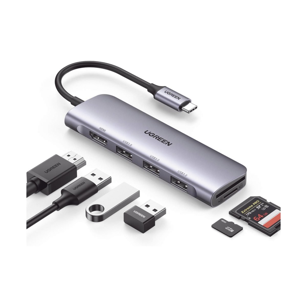 HUB USB-C (Docking Station) 6 en 1 | HDMI 4K@30Hz | 3 Puertos USB 3.0 | Lector Tarjeta SD + Micro SD (TF) Uso Simultáneo | Chip de Última Generación | Potente Disipación de Calor |  Caja de Aluminio.