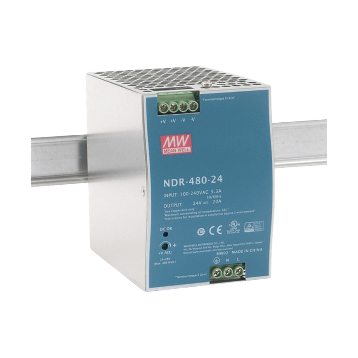 Fuente de poder industrial para riel DIN / 480W / 24Vcc / 20A / Entrada: 100-240Vca