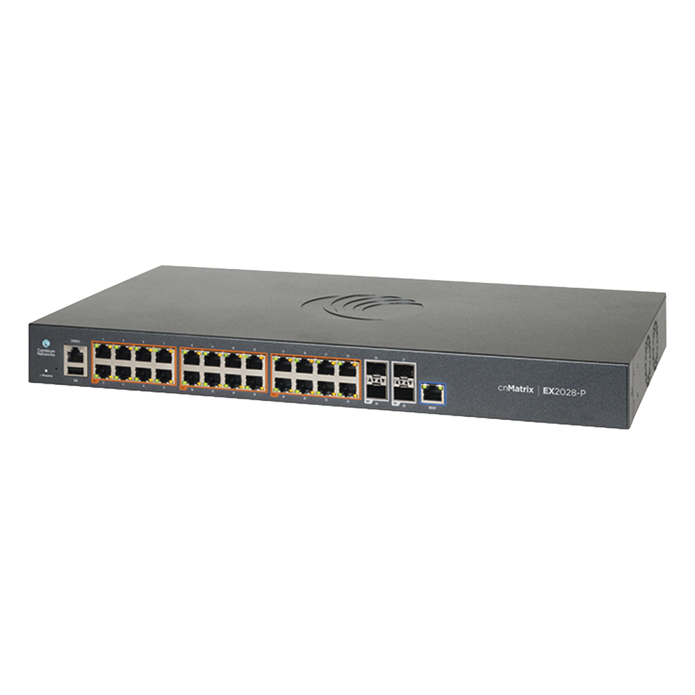 Switch cnMatrix EX2028-P capa 3 de 28 puertos (24 PoE Gigabit 802.3af/at, 4 SFP+) administración cnMaestro On-Premises (MX-EX2028PxB-U)
