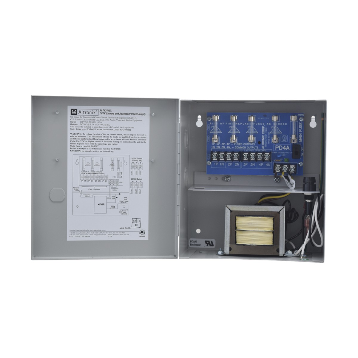 Fuente de poder ALTRONIX de 24 Vca @ 3.5 Amper o 28 Vca @ 3.0 Amper, para 4 cámaras, Con voltaje de entrada de 115 Vca,