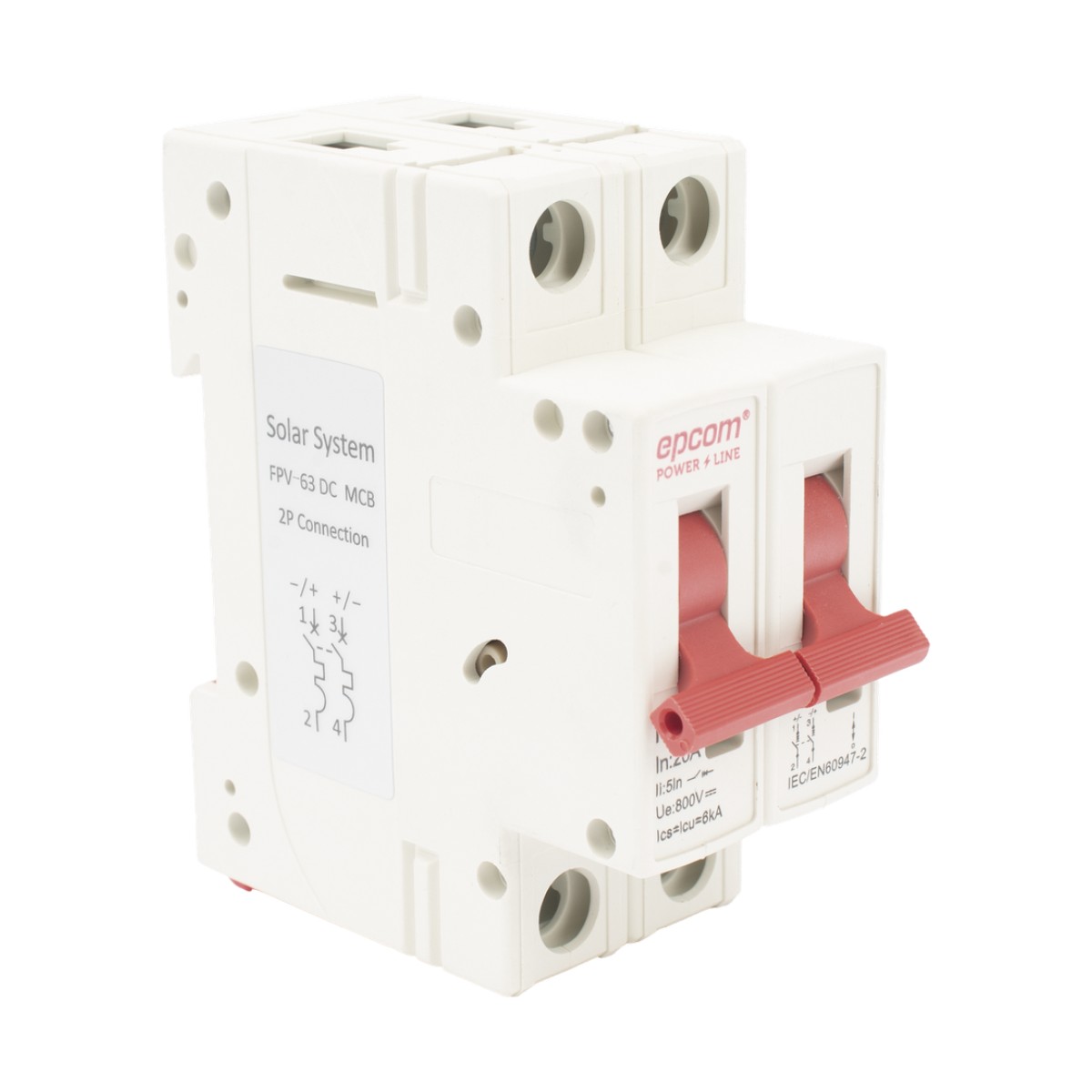 Protección Térmica/ Interruptor 2P, 20 A,  Corriente Directa  800 Vcc para Aplicación Fotovoltaica Montaje Riel DIN