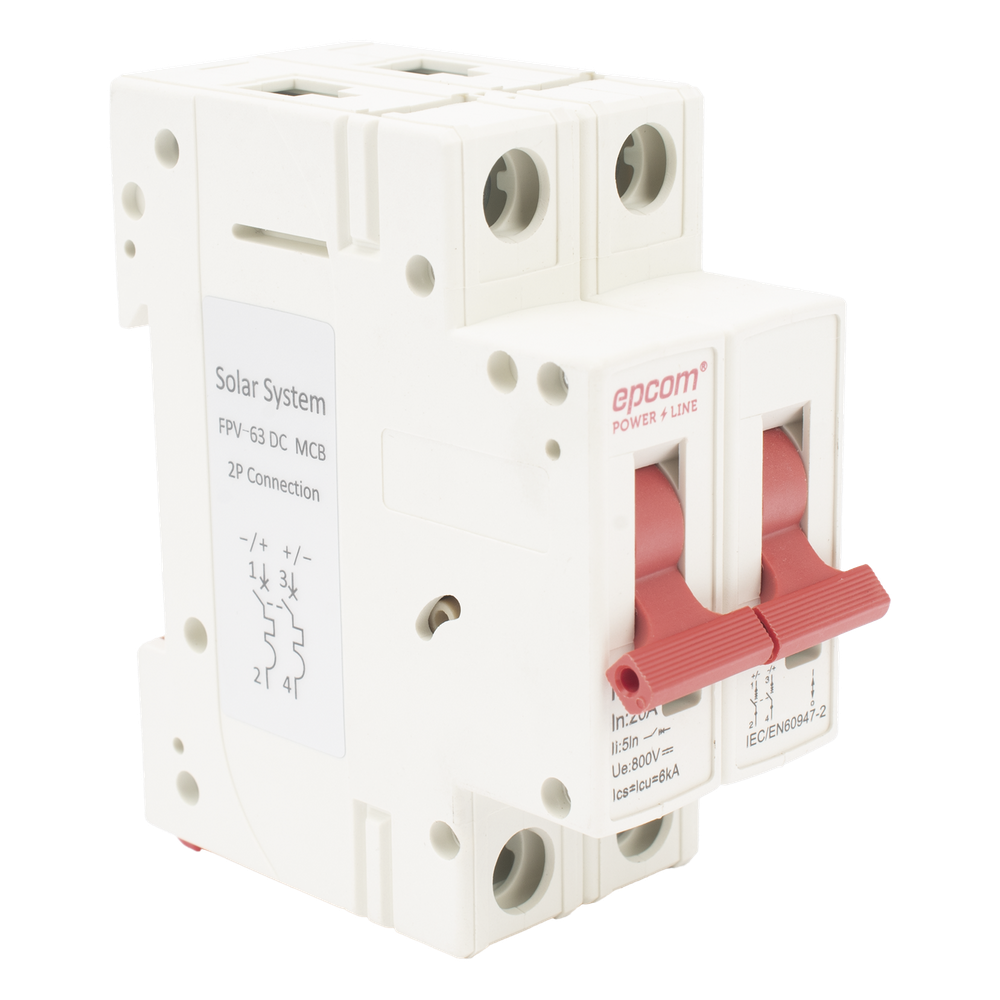 Protección Térmica/ Interruptor 2P, 20 A,  Corriente Directa  800 Vcc para Aplicación Fotovoltaica Montaje Riel DIN