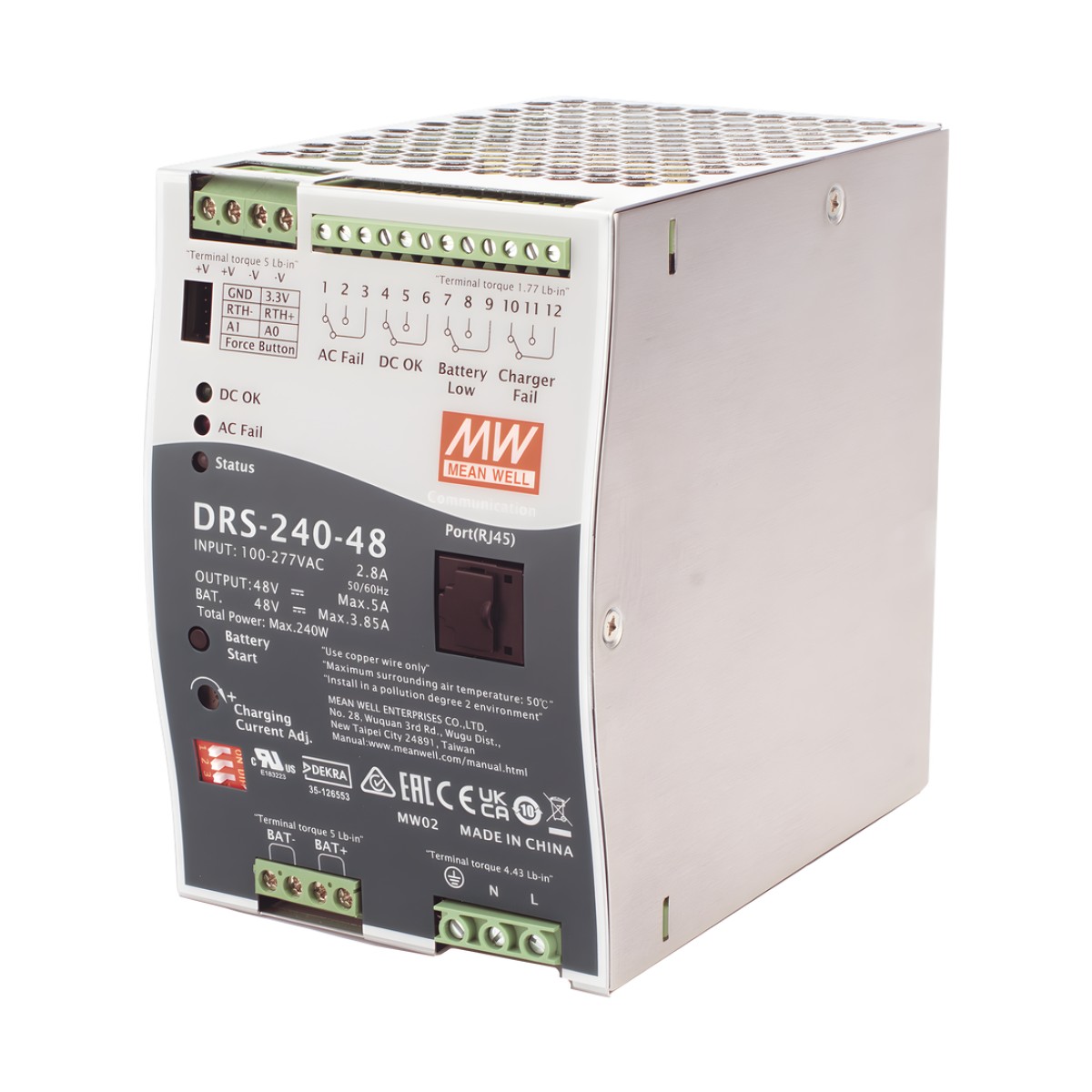 Fuente de Poder Industrial de 240W con Cargador de Baterías, salida 48Vcc, 5A, para montaje Riel Din