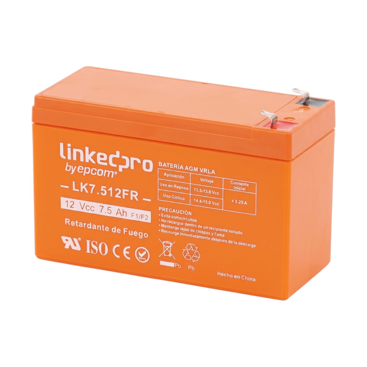Batería de respaldo 12 V | 7.5 Ah |  AGM | Certificada UL94-V0 Retardante a la Flama  | Especial para Seguridad Electrónica | UPS  | Sistemas de Emergencia  | Vida útil 5 años | Terminales F1  + Adaptador F2