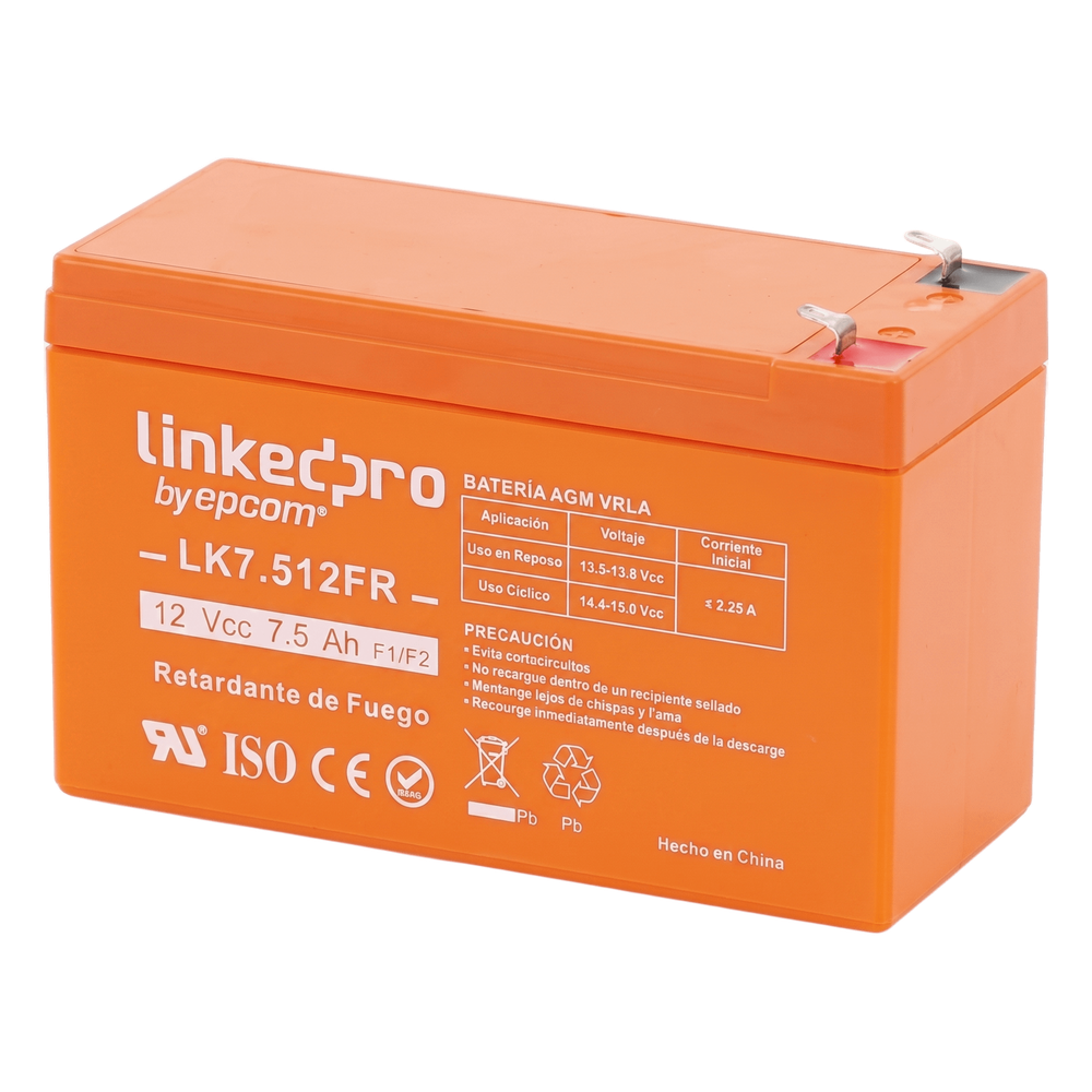 Batería de respaldo 12 V | 7.5 Ah |  AGM | Certificada UL94-V0 Retardante a la Flama  | Especial para Seguridad Electrónica | UPS  | Sistemas de Emergencia  | Vida útil 5 años | Terminales F1  + Adaptador F2