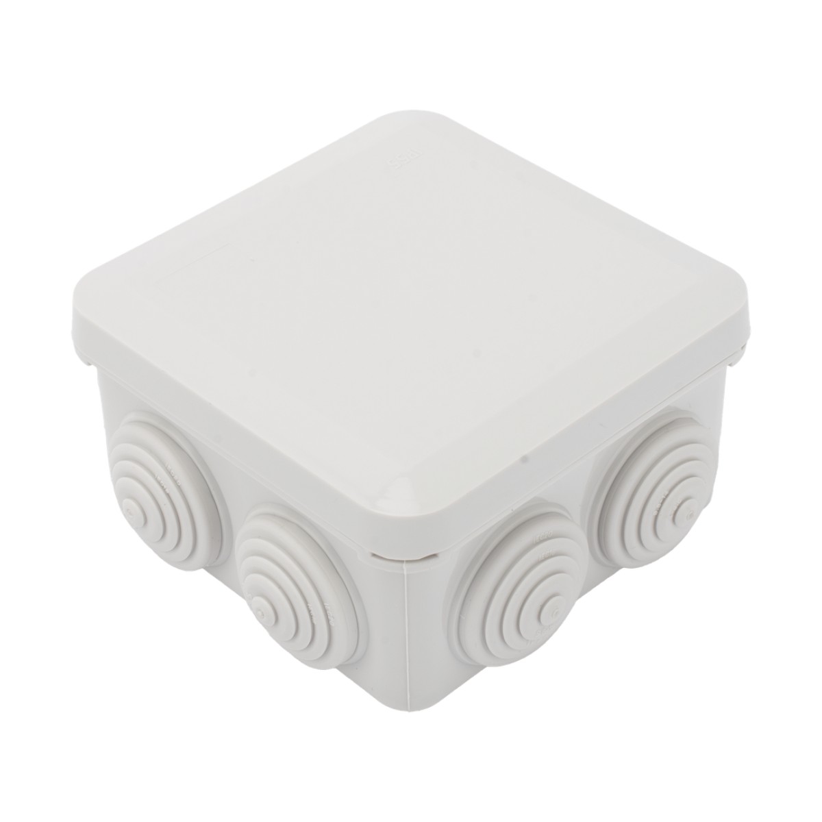 Caja Estanca, Derivación, Conexión de Plástico (89 X 89 X 50 mm) con 7 Glándulas de Goma. Para Instalaciones Comerciales,  Residenciales e Industriales. Cerrado a Presión.