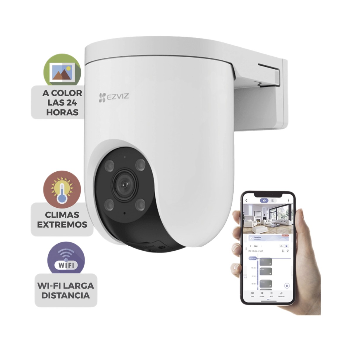 Cámara PT / Wi-Fi / Resolución 3 Megapixel (2K) / Audio de Dos Vías / Visión Nocturna en Color / AI Detección de Humanos / Defensa Activa con Sirena y Luz Estroboscópica / IP65