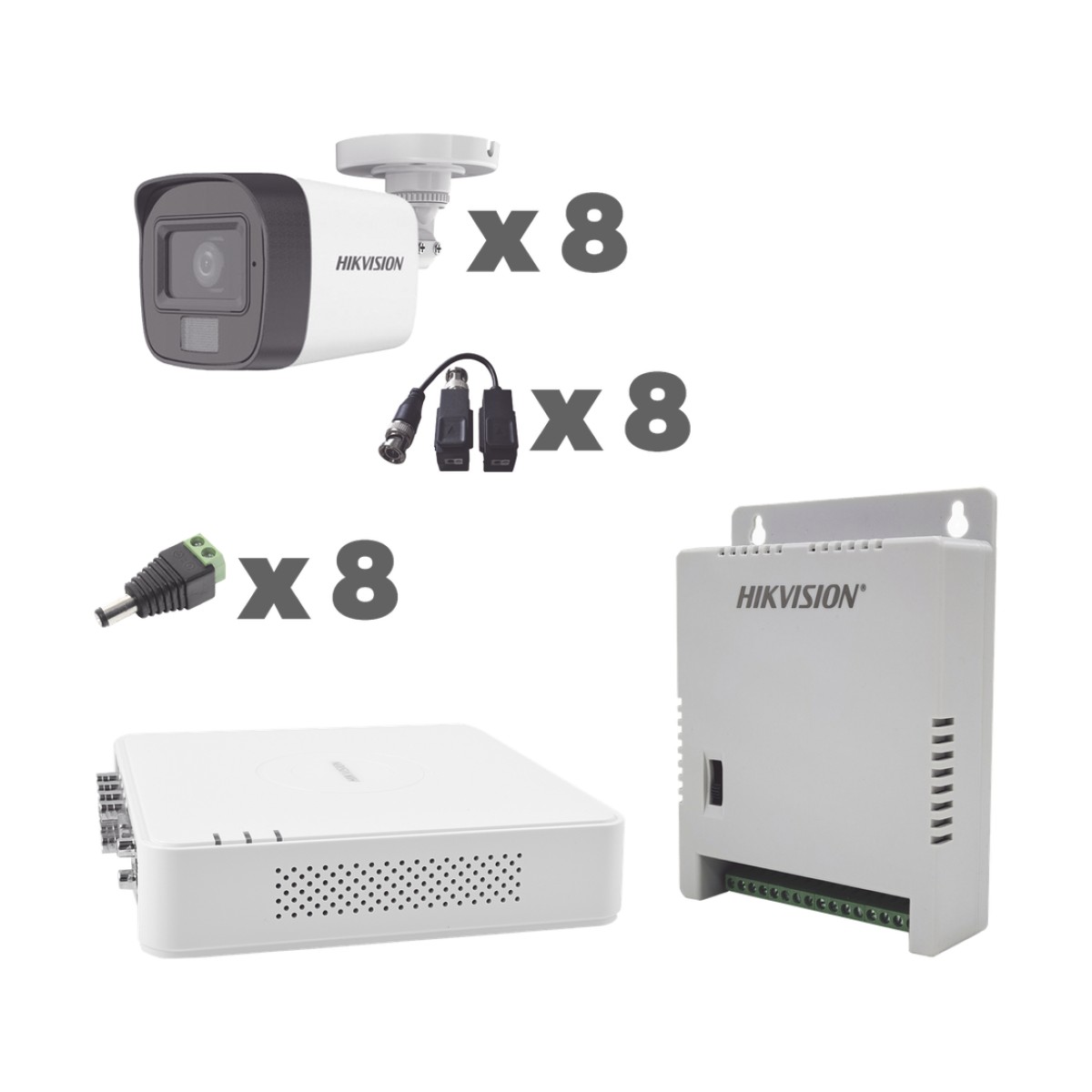 KIT TurboHD 1080p / DVR 8 Canales con audio por coaxitron / 8 Cámaras con Micrófono Integrado 101° Visión/  luz blanca + IR visión nocturna  / Transceptores / Conectores / Fuente de Poder Profesional