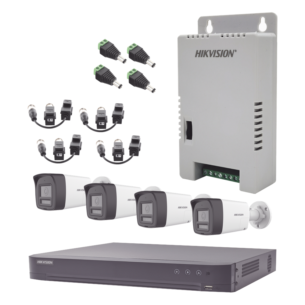 Kit Audio Bidireccional TurboHD 3K Real / DVR 4 Canales 4K / 4 Cámaras Bala (Exterior) con Bocina y Microfóno Integrado 3K / 1 Fuentes de Poder / Accesorios