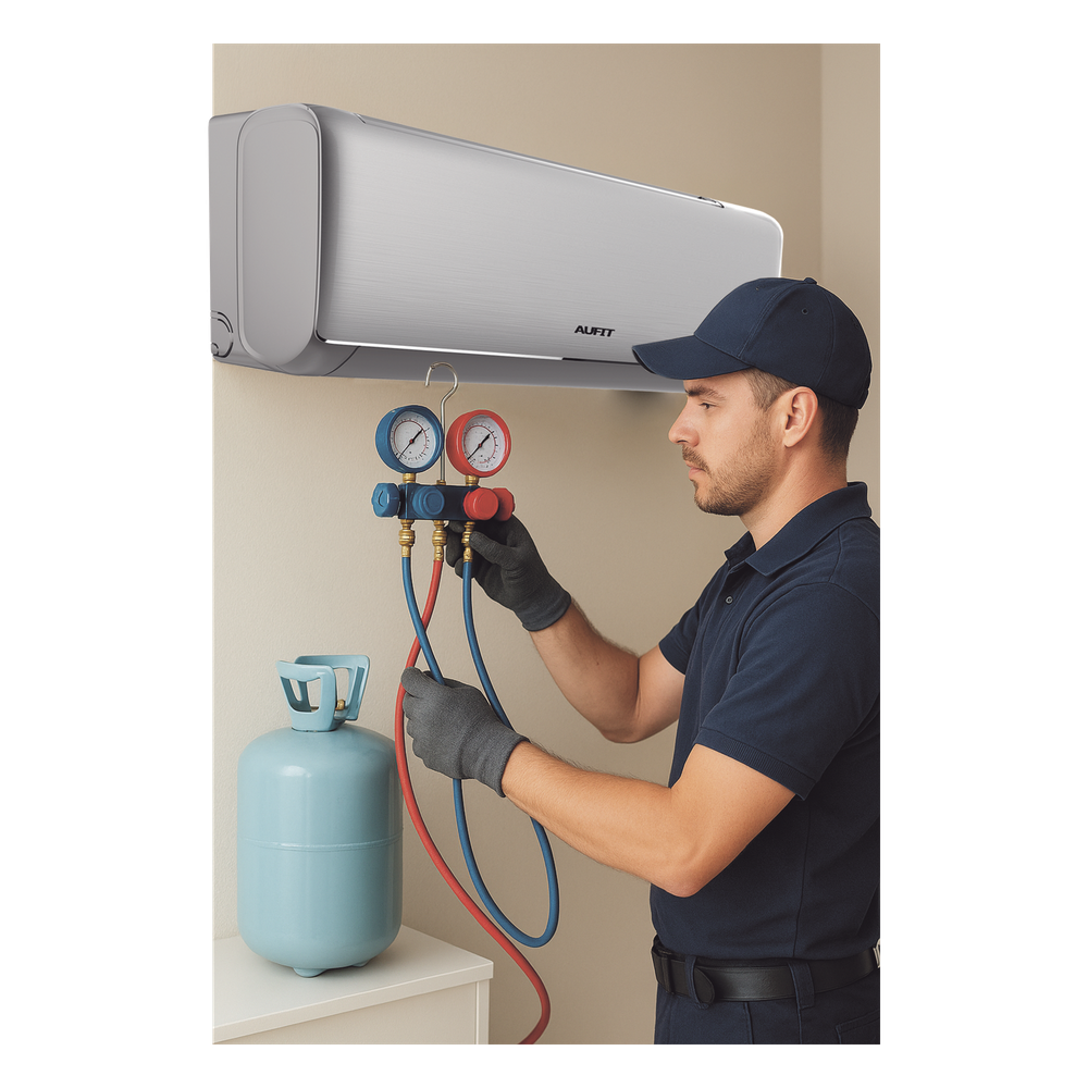 Servicio en Centro de laboratorio SYSCOM / Recarga de gas refrigerante / R32 / Minisplit AUFIT / Capacidad de 1 Tonelada