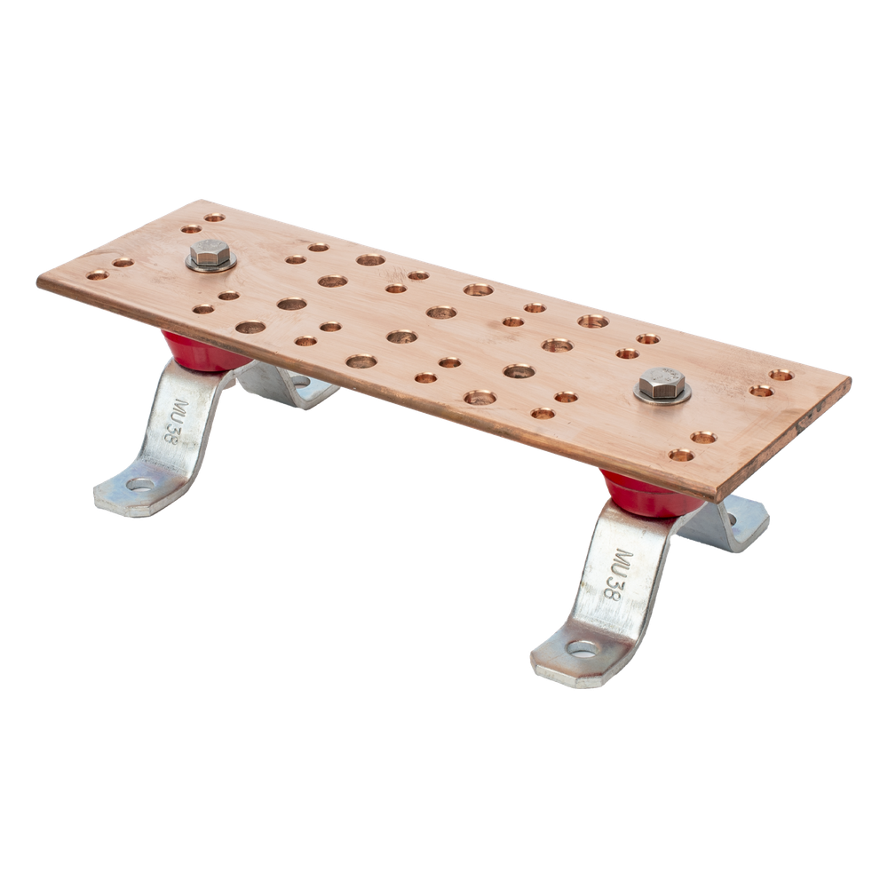 Barra Unión Telecom TMGB / 12 x 4 x 1/4 in / 100% Cobre / 12+24 Orificios / Aisladores Rojos / J-STD-607-A