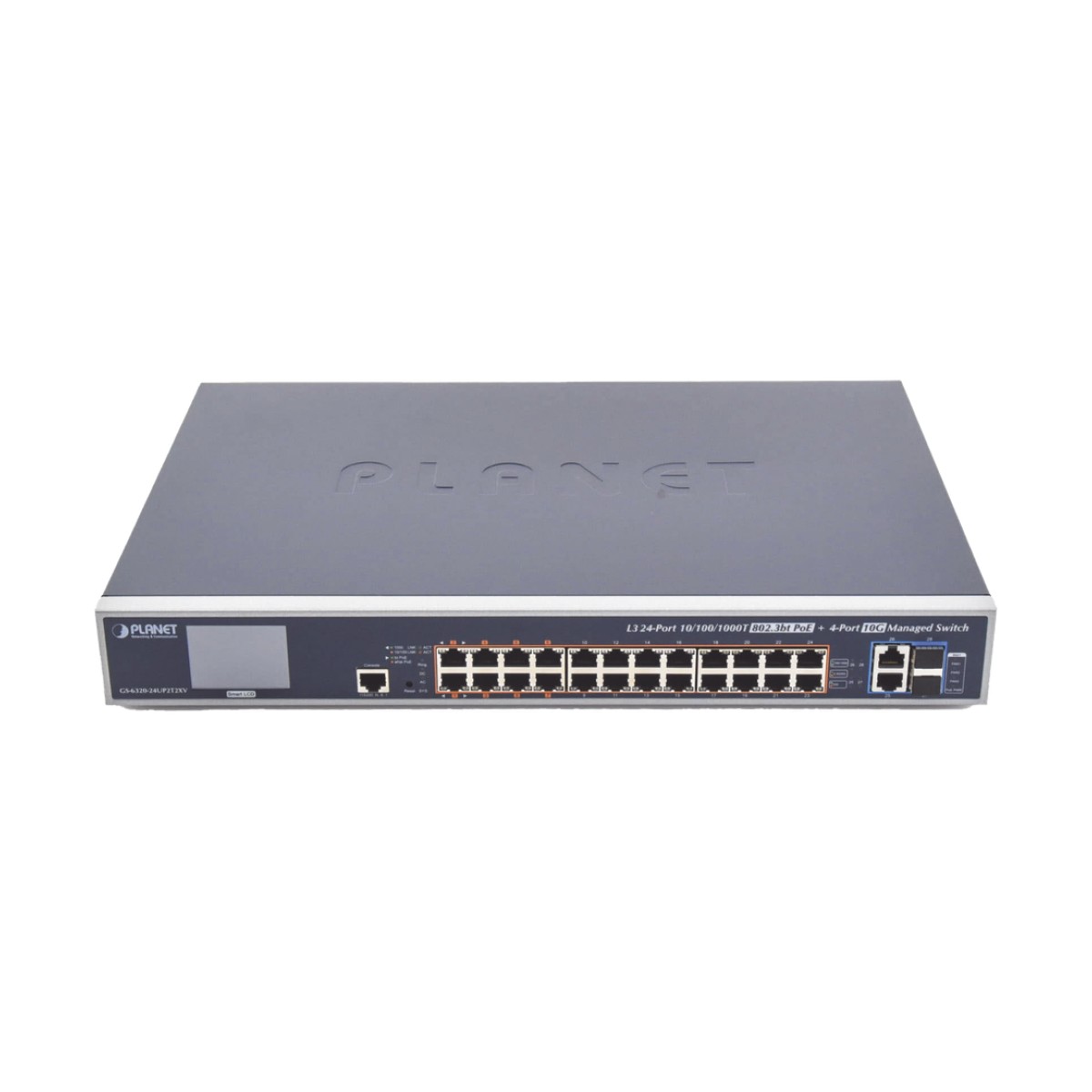 Switch Administrable L3, 24 puertos Gigabit PoE 802.3bt, 2 puertos 10G SFP+, Pantalla Tactil, Fuente Redundante, (600W)