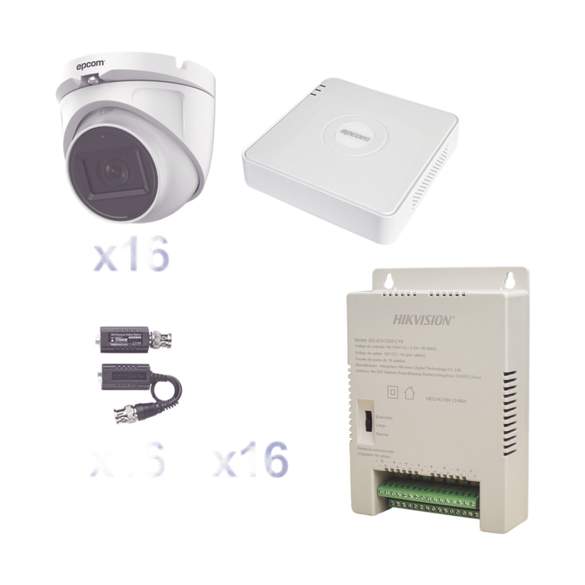 KIT TurboHD 1080p Lite / DVR 16 Canales / 16 Cámaras Eyeball  Exterior ( 2.8mm) / Transceptores / Conectores / Fuente de Poder Profesional