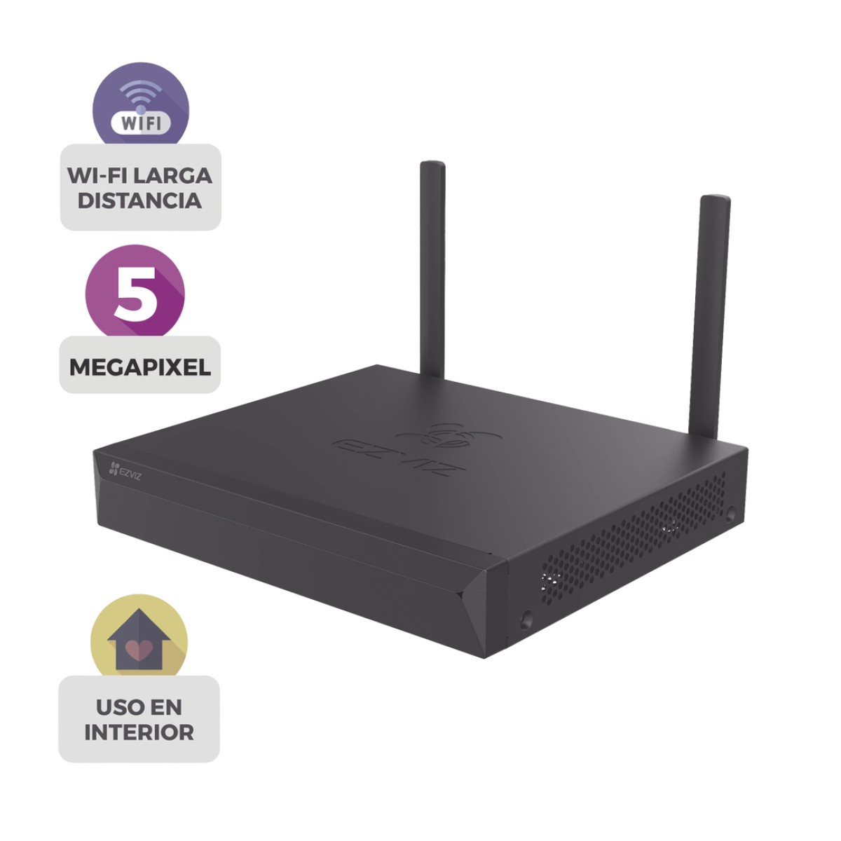 NVR 3K (5 Megapixel)  / Para 4 Cámaras / 2 antenas Wi-Fi / Compresión H.265 / Almacenamiento hasta 8TB / Salida HDMI-VGA / Compatible ONVIF