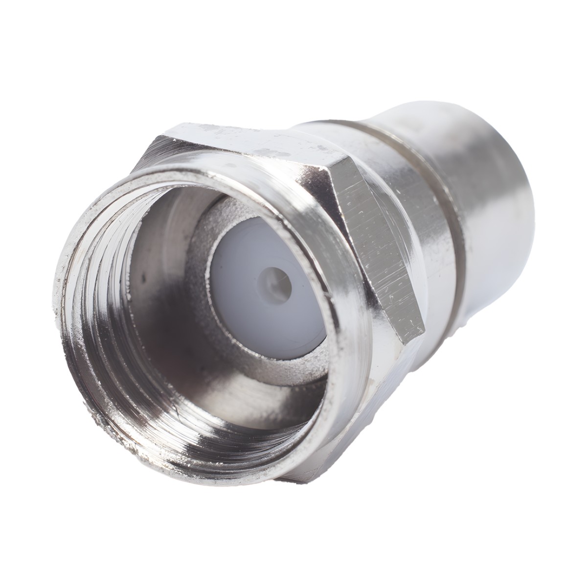 Conector F Macho, Plegable con PIN para Cable RG-6, Cuerpo de Bronce Niquelado.