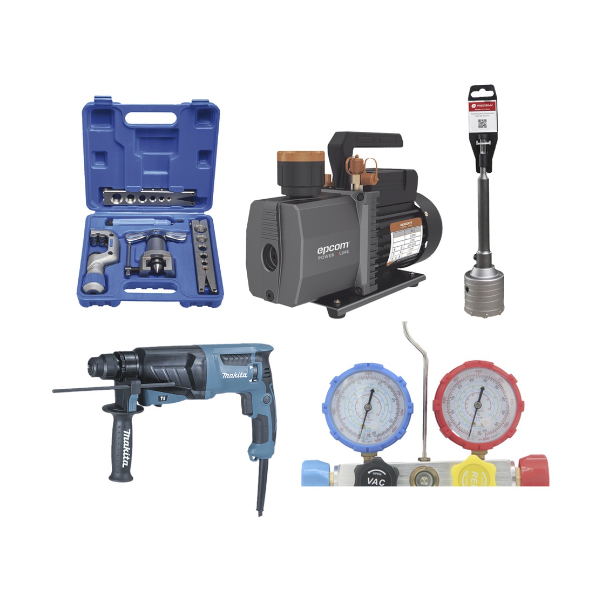 Kit profesional / Mini split / Bomba de vacío 2RS-2R-R32 / Manómetro HBSBZ6 / Kit Abocardado CT809 / Rotomartillo HR2630J / Broca PSTC02003