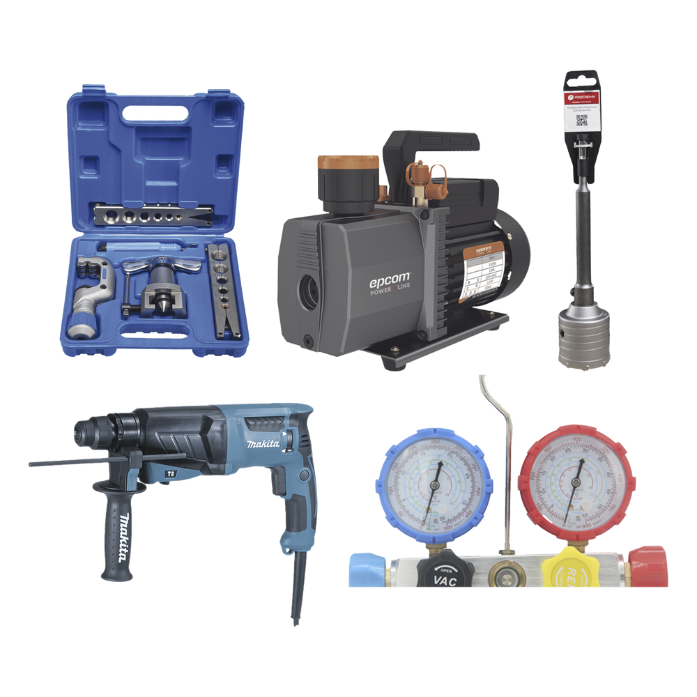 Kit profesional / Mini split / Bomba de vacío 2RS-2R-R32 / Manómetro HBSBZ6 / Kit Abocardado CT809 / Rotomartillo HR2630J / Broca PSTC02003