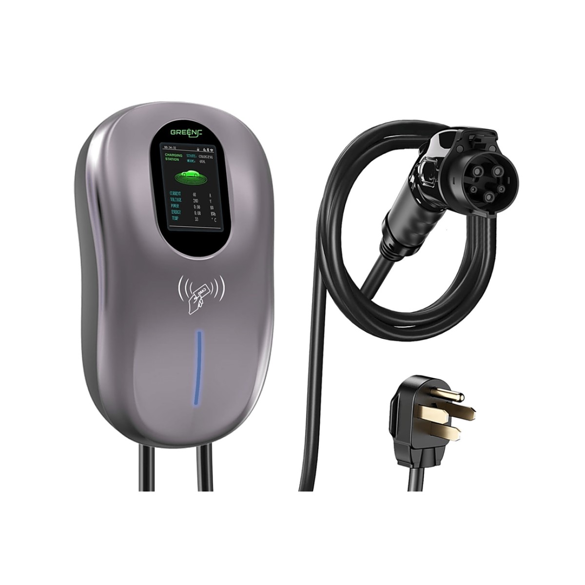 Estación de Carga para Vehículos Eléctricos / 40 A / 9.6 kW / Conector Tipo 1 (SAE J1772) / 110-240 V AC / Pantalla LCD 4.3 in (10.9 cm) / WiFi / APP / RFID / IP65 / Cable TPE 5 m (16.4 ft)