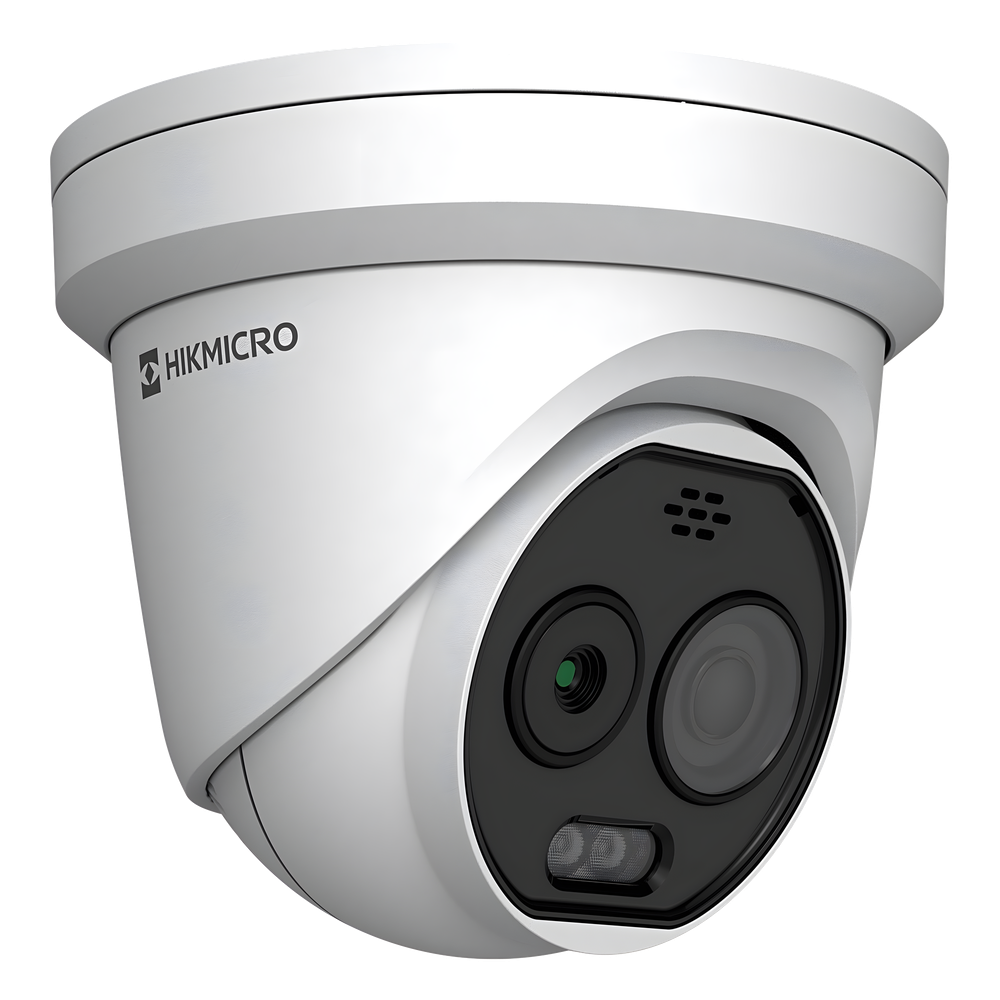 (HIKMICRO) Turret IP Bi-espectral (Térmica + Óptica) / Lente Térmico 2.1 mm (256 X 192) / Lente Óptico 2.2 mm (5 Megapixel) / Detección de Temperatura (-20°C a 650°C) / IA con GUANLAN / Dual Light (30 mts IR + 30