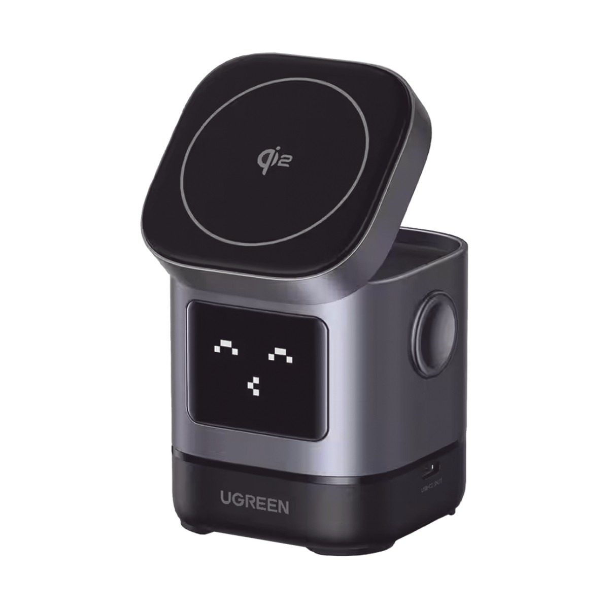 Cargador Inalámbrico Robot 2 en 1 UGREEN Qi2 / 15W Ultra Rápido para iPhone / 5W para AirPods / Pantalla Inteligente con Expresiones / Imanes N48H / Puerto USB-C 5W para Apple Watch / Compatibilidad MPP