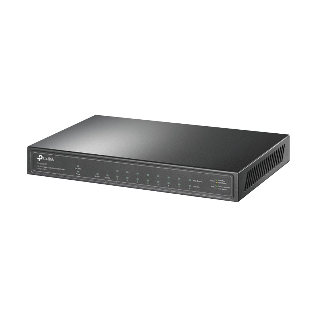 Switch de escritorio PoE+, no Administrable 8 puertos 10/100/1000 Mbps + 1 puertos 10/100/1000 Mbps (Uplink) + 1 puerto SFP, 63W