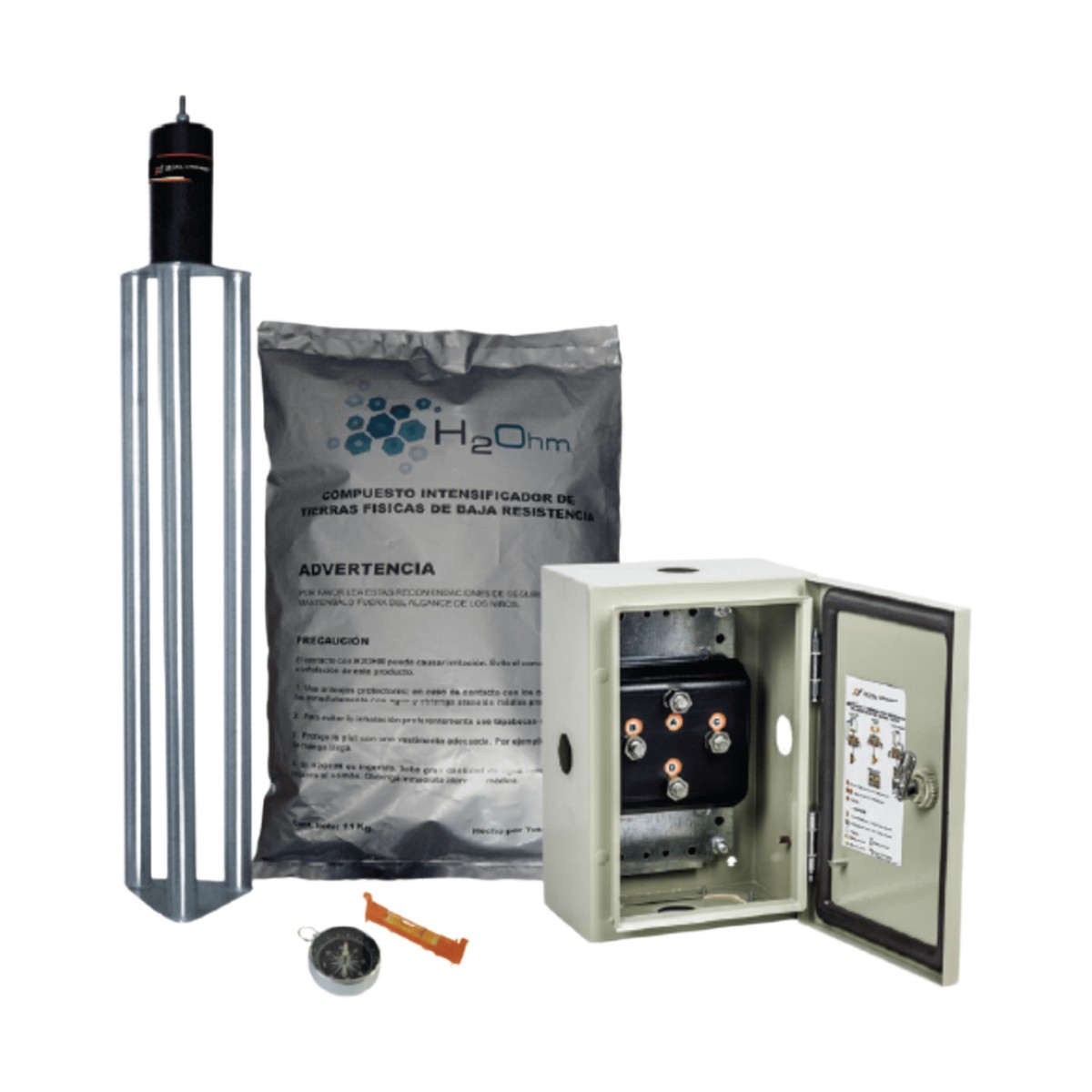 Kit de puesta a tierra de 70 A con Electrodo de Acero Inoxidable, Filtro, Acoplador y Compuesto H2Ohm.