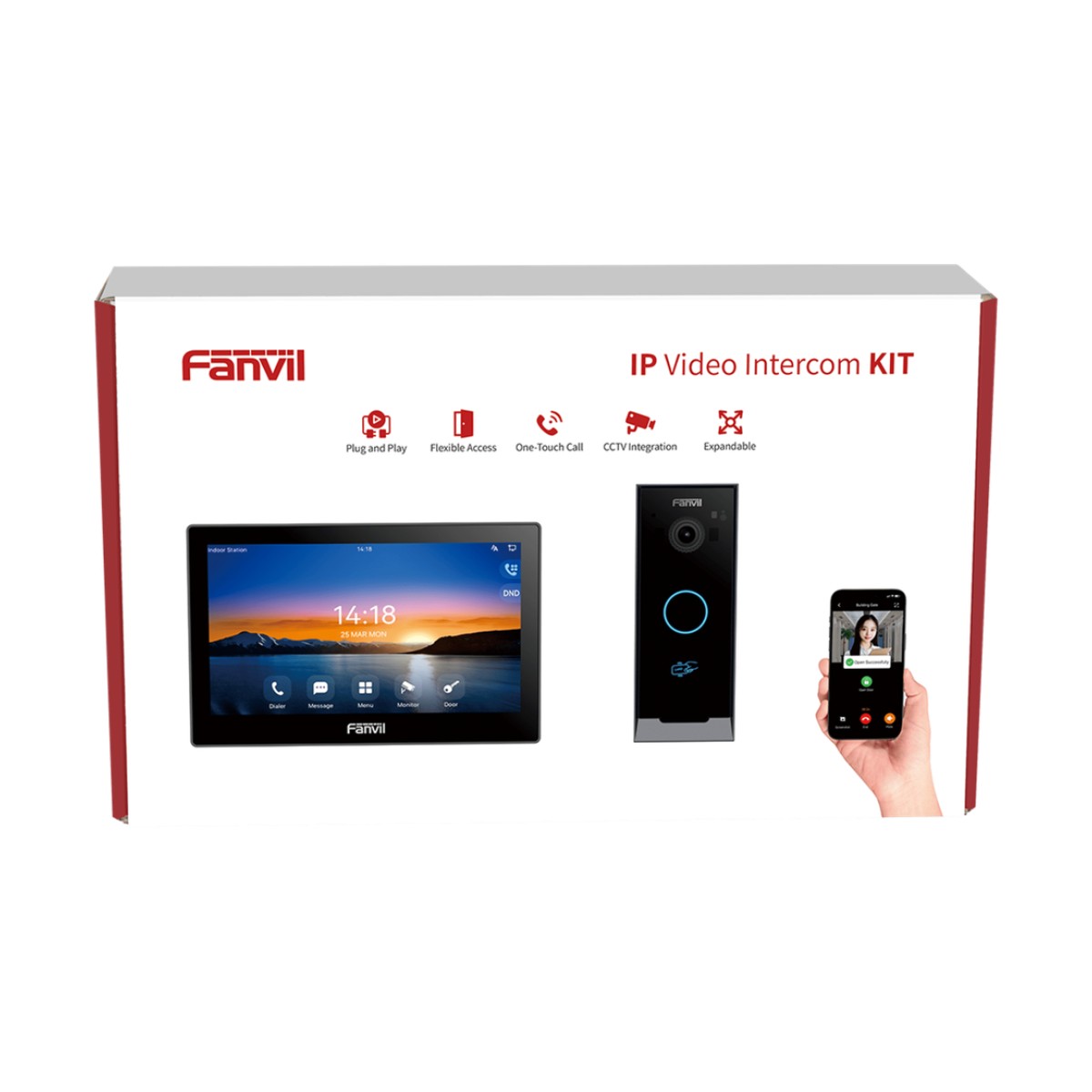 Kit Videoportero IP / Estación Interior i504W + Frente de Calle i60 / Pantalla Táctil 7" HD / Videollamadas H.264/H.265 / Wi-Fi Dual Band / PoE / App Fanvil Link / ONVIF / 10,000 Tarjetas RFID