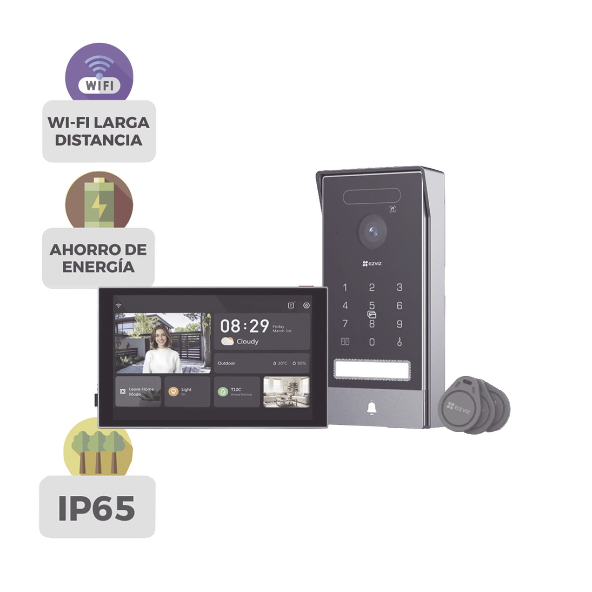 Video Portero Conexión a 2 Hilos Entre Monitor y Frente de Calle / Wi-Fi 6 Dual Band 2.4 y 5GHz con Cámara 4K / Reconocimiento de Venas de Palma / Reconocimiento Facial  / Visión Nocturna en Color / IP65 Exterior Con Protección