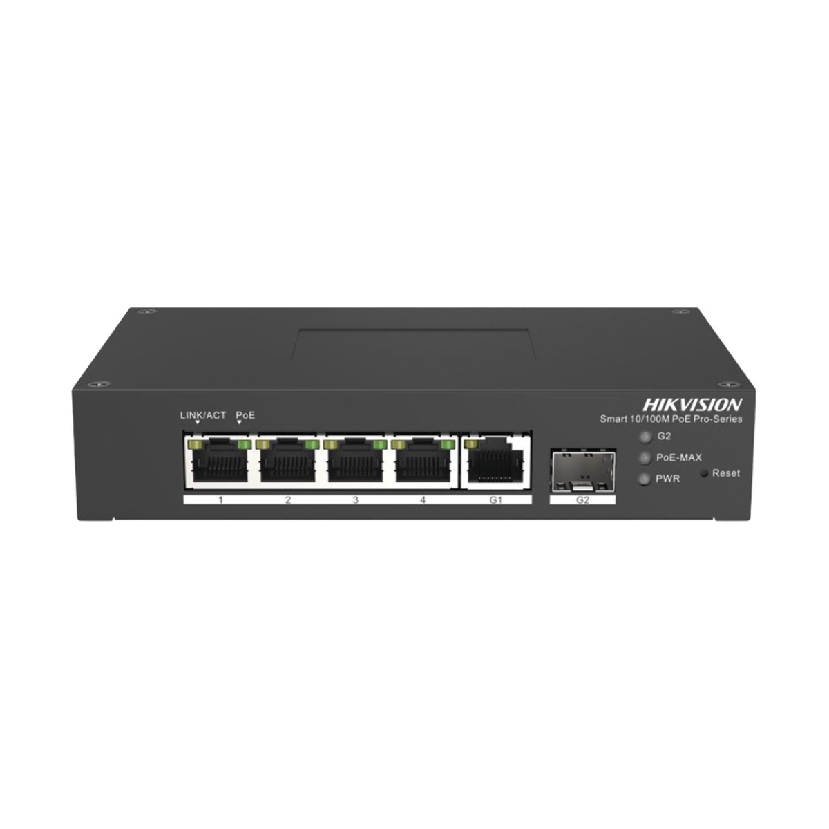 Switch PoE+ Industrial de Escritorio / Administrable / 4 Puertos 10/100 Mbps PoE+ / 1 Puerto 1000 Mbps Uplink / 1 Puertos SFP  /  Configuración Nube Hik-PartnerPro / Modo Extendido hasta 300 Metros / 60 Watts
