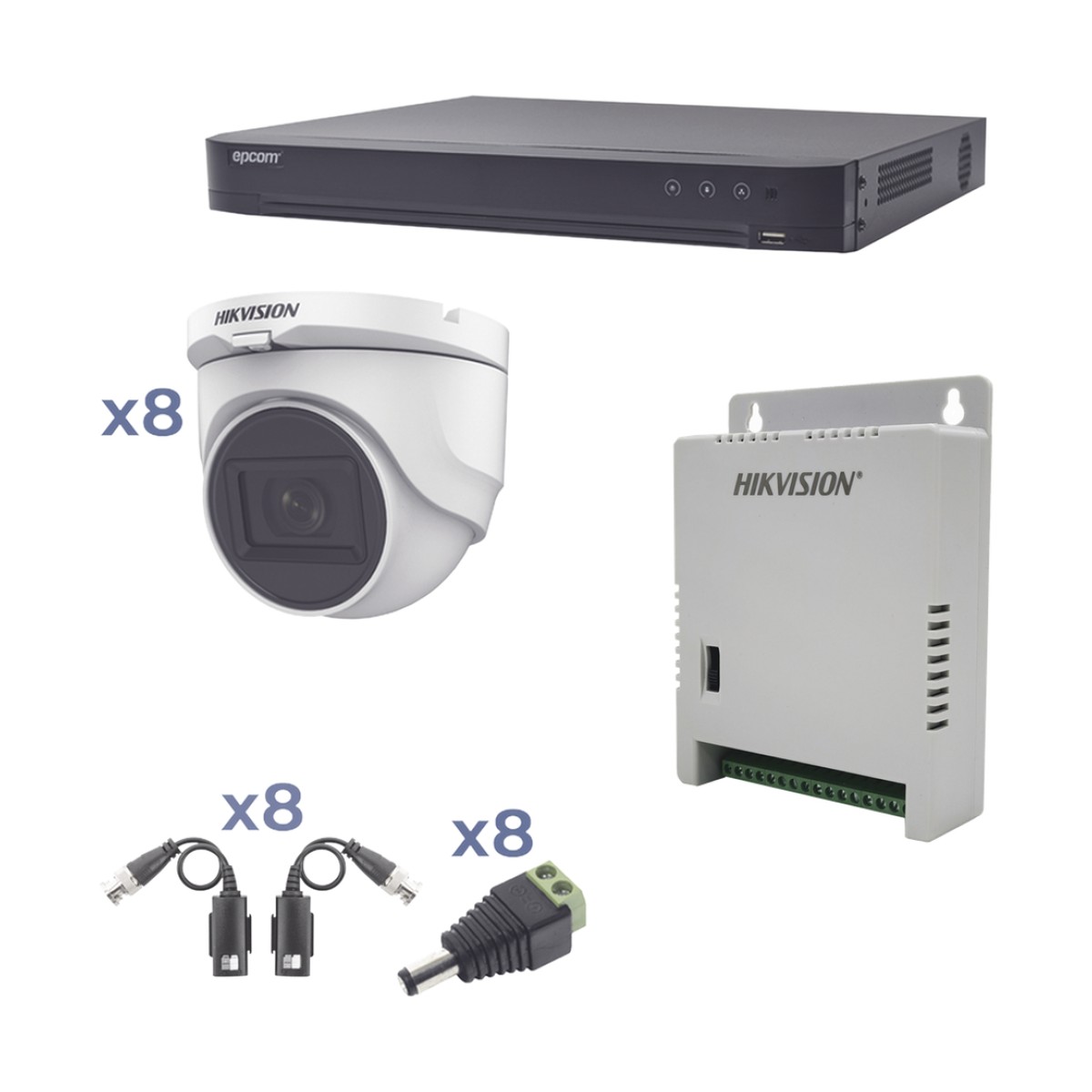Kit TURBOHD 1080p / DVR 8 Canales / 8 Cámaras Turret (exterior 2.8 mm) / Conectores / Transceptores / Fuente de Poder Profesional hasta 15 Vcc para Larga Distancia