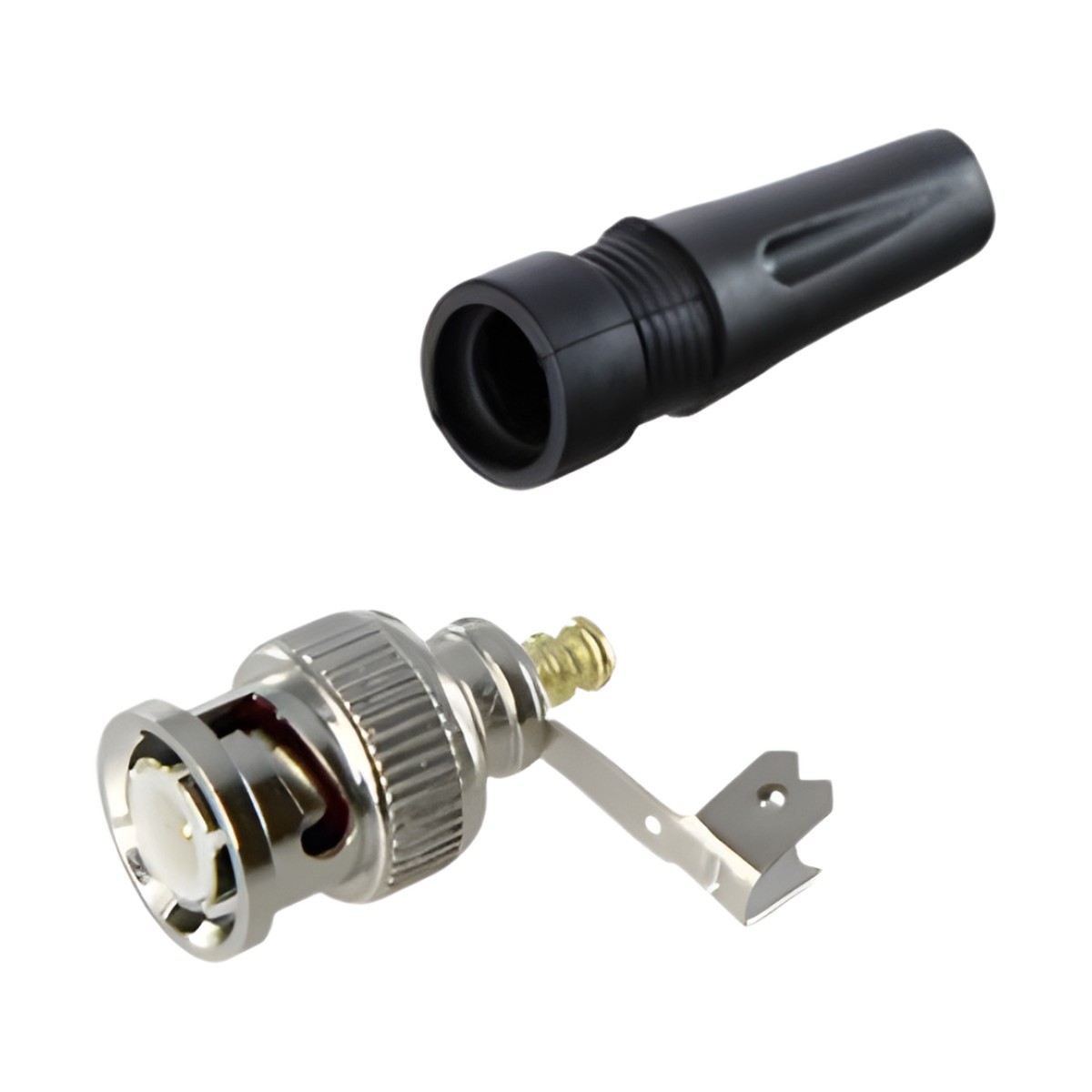 Conector BNC macho en 75 Ohm, para cable coaxial RG-59 / Con base de alivio negra de PVC, Níquel/ Oro/ PTFE.