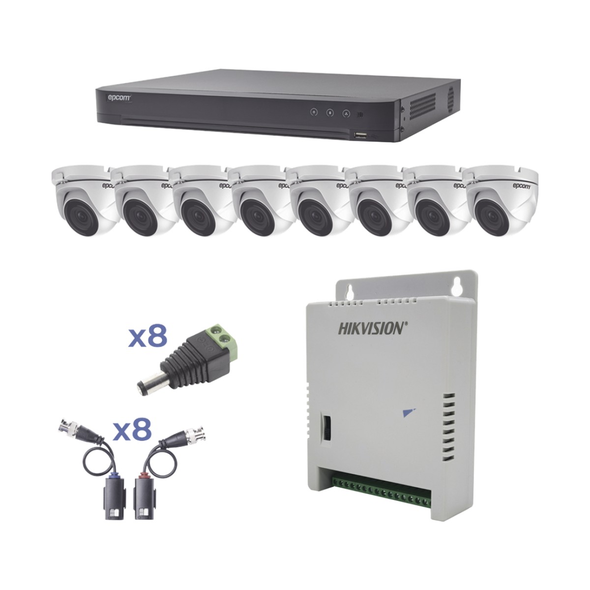 KIT TurboHD 1080p / DVR 8 Canales / 8 Cámaras Eyeball (exterior 2.8 mm) / Transceptores / Conectores / Fuente de Poder Profesional hasta 15 Vcc para Larga Distancia