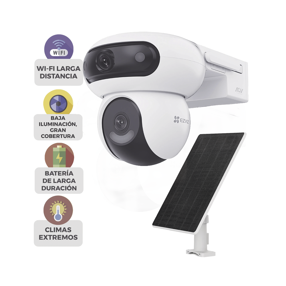Kit Incluye Cámara Wi-Fi 6 + 4G LTE con Panel Solar / Doble Lente (4MP+4MP) / Visión Nocturna ColorFULL / Batería 10,400 mAh /  / IP65 Exterior / IA Detección Humana y Vehicular / Audio Bidireccional