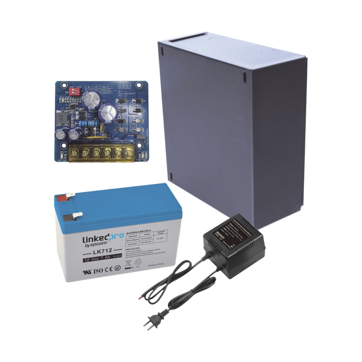 Kit con fuente PLB2 con salida de 12 Vcc a 2.5 Amper, incluye transformador y batería de 12 V a 7 Amper
