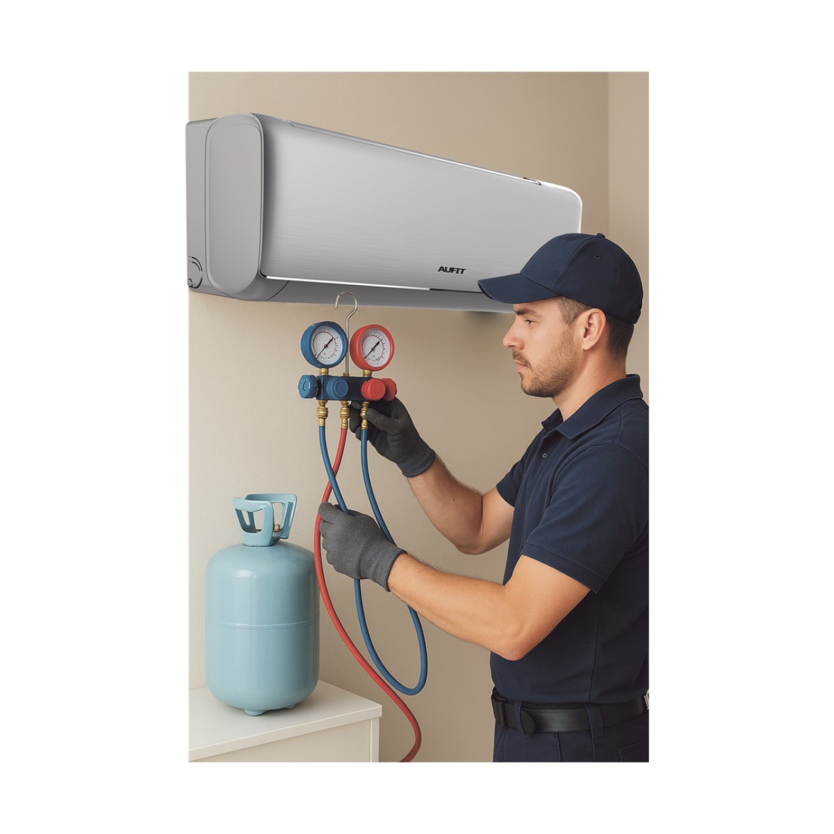Servicio en Centro de laboratorio SYSCOM / Recarga de gas refrigerante / R32 / Minisplit AUFIT / Capacidad de 2 a 2.5 Toneladas