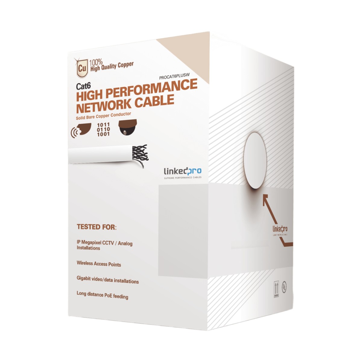 Bobina de Cable de 305 Metros (1000 Pies) de Cable Cat6 de Alto Desempeño, Super Flexible, UL, Cobre, Color Blanco, para Aplicaciones de Video Vigilancia y Redes de Datos
