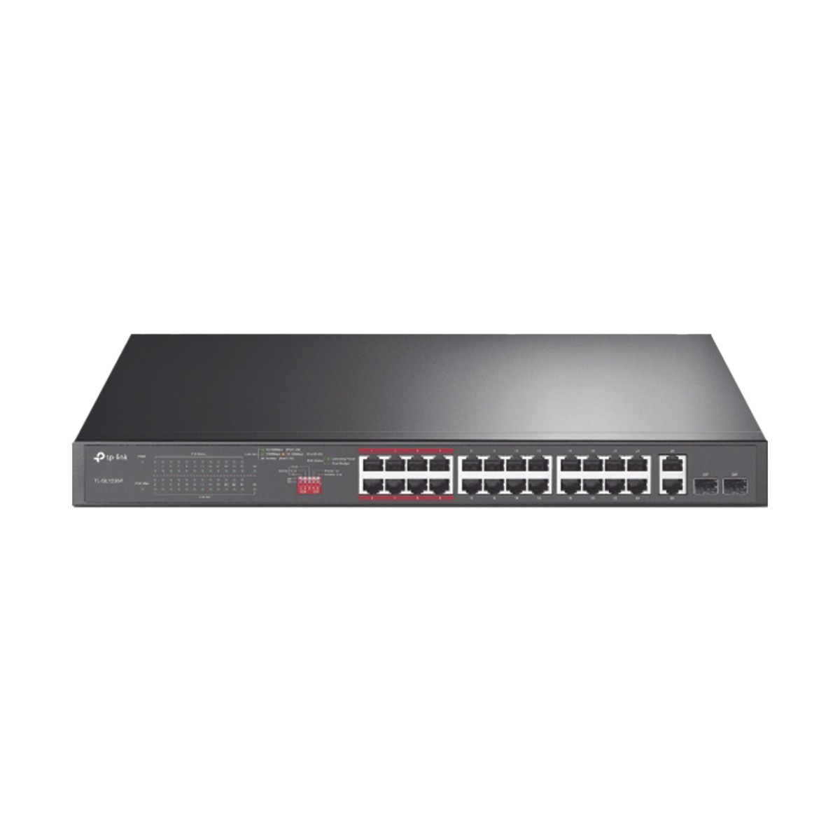 Switch No Administrable 24 Puertos PoE+ 10/100 Mbps / 2 Puertos 10/100/1000 Mbps + 2 Puertos SFP (combo) / Modo Prioridad de Tráfico / Modo Aislamiento de Red / Presupuesto PoE de 250 W / Diseño para Ideal para Vigilancia IP