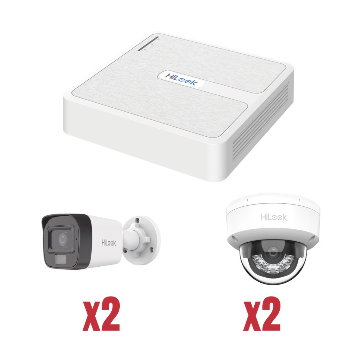 Kit IP 1080p (2 Megapixel) / NVR de 4 Canales con 4 Puertos PoE / 2 Cámaras IP Bala para Exterior con microfono y Dual light / 2 Cámaras IP Domo para Exterior
