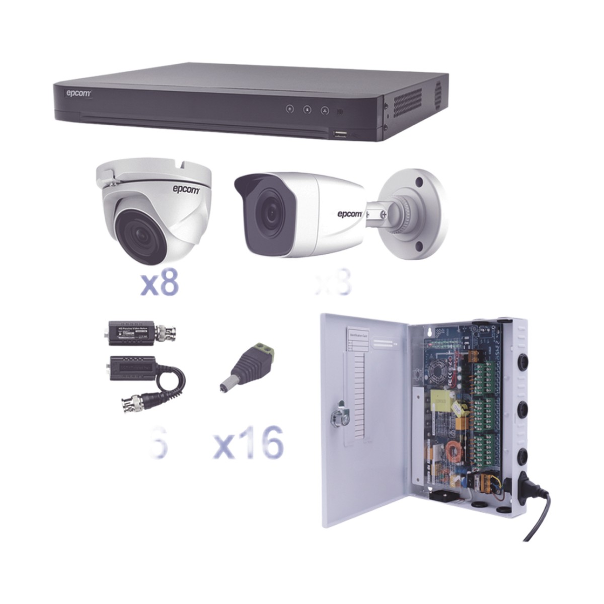 KIT TurboHD 1080p / DVR 16 Canales / 8 Cámaras Bala (exterior 2.8 mm) / 8 Cámaras Eyeball (exterior 2.8 mm) / Transceptores / Conectores / Fuente de Poder Profesional