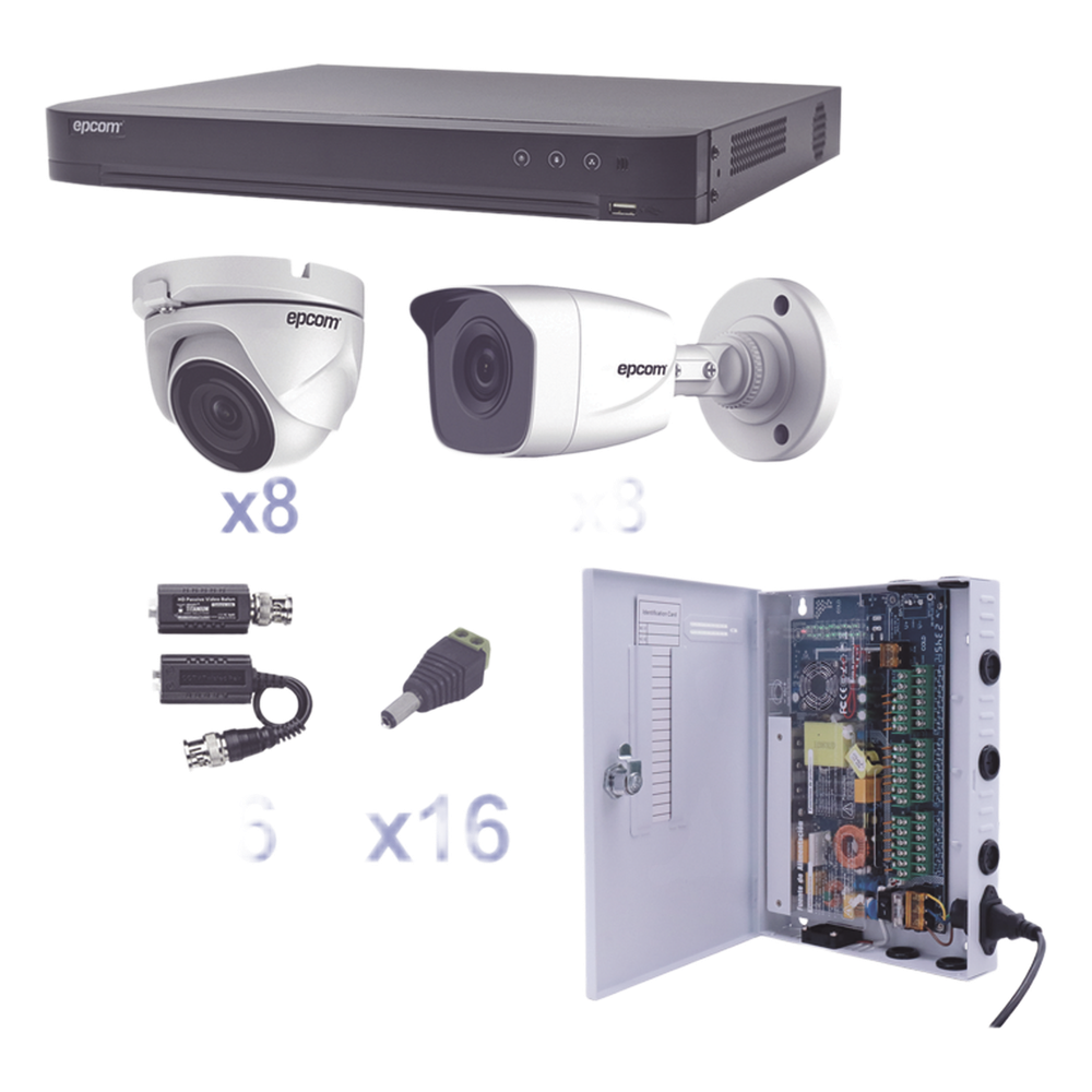 KIT TurboHD 1080p / DVR 16 Canales / 8 Cámaras Bala (exterior 2.8 mm) / 8 Cámaras Eyeball (exterior 2.8 mm) / Transceptores / Conectores / Fuente de Poder Profesional
