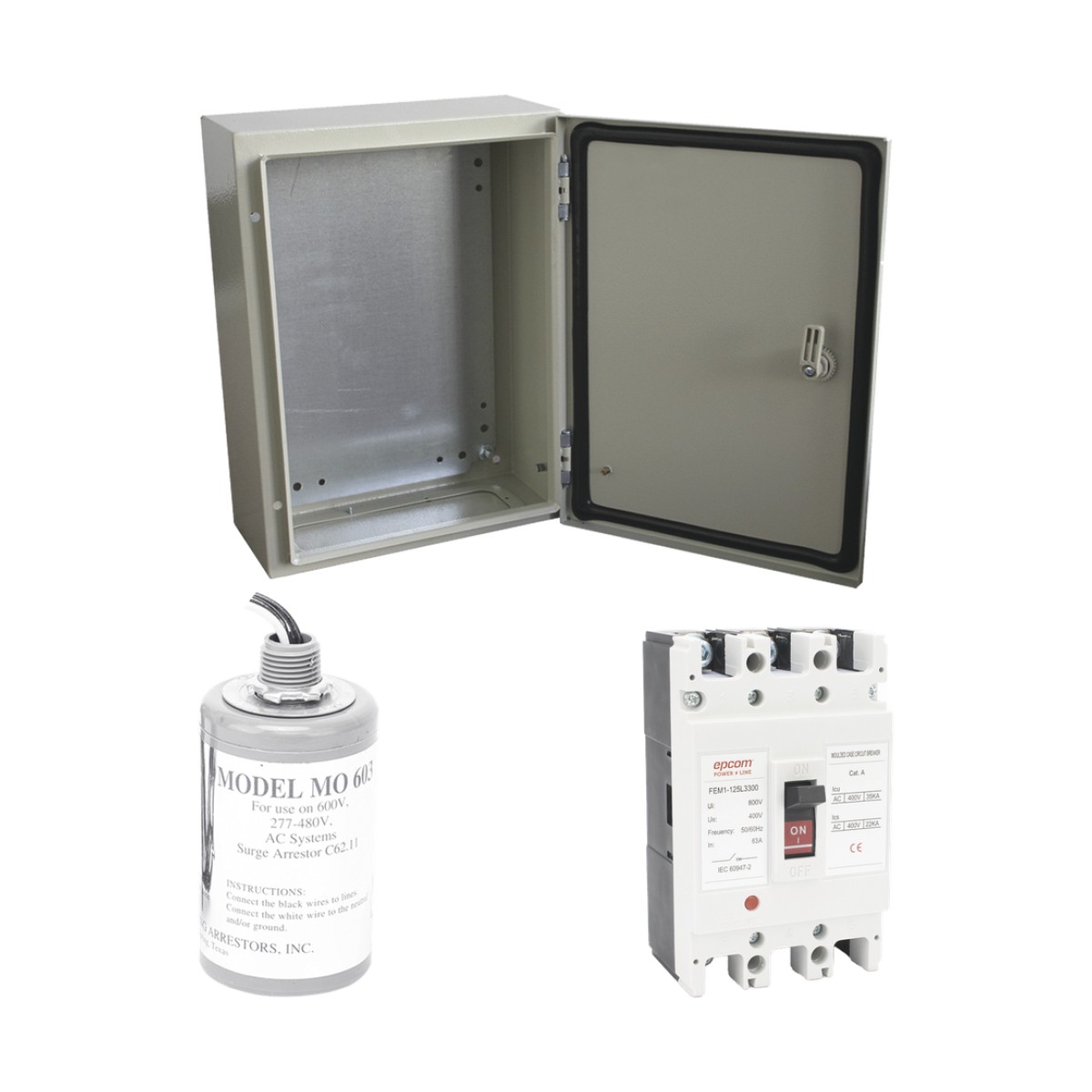 Kit de Centro de Carga Trifasico Para Corriente Alterna, Breaker de hasta 690 Vc de 125 A con Supresor de Descargas Atmosféricas.