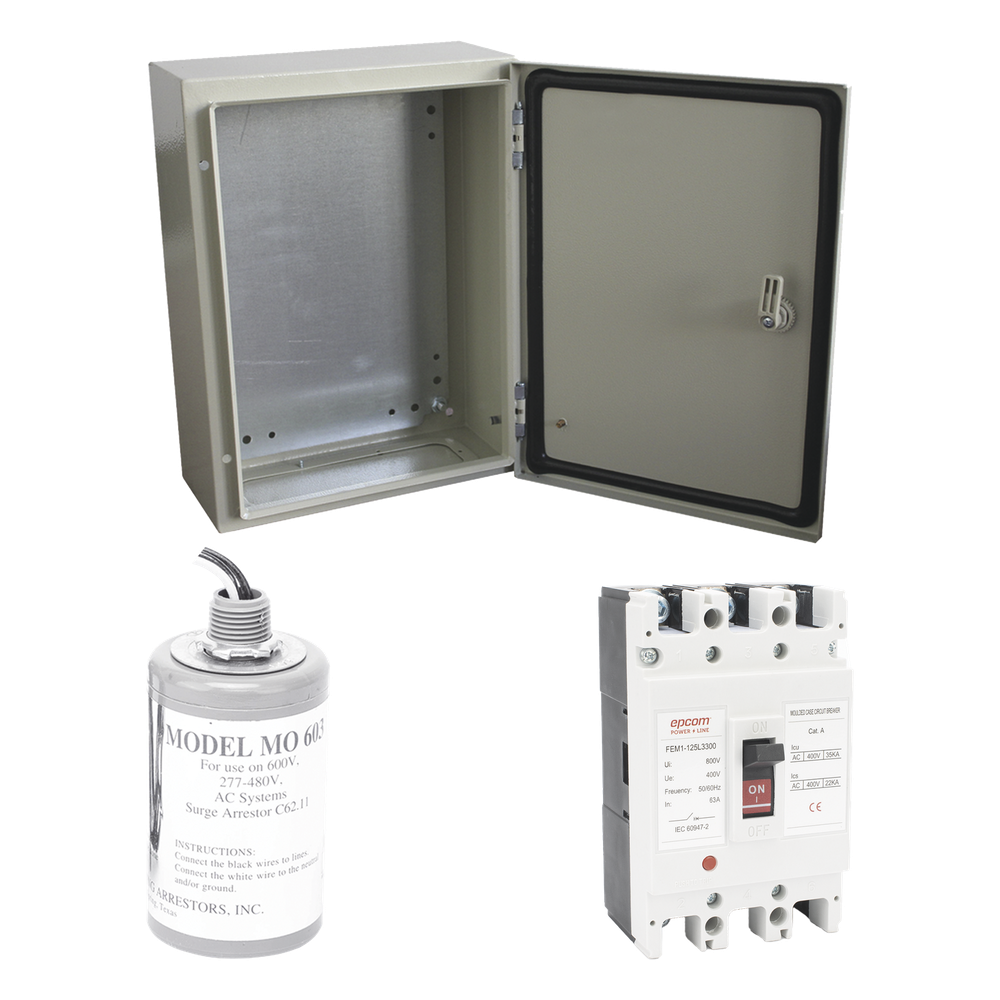 Kit de Centro de Carga Trifasico Para Corriente Alterna, Breaker de hasta 690 Vc de 125 A con Supresor de Descargas Atmosféricas.